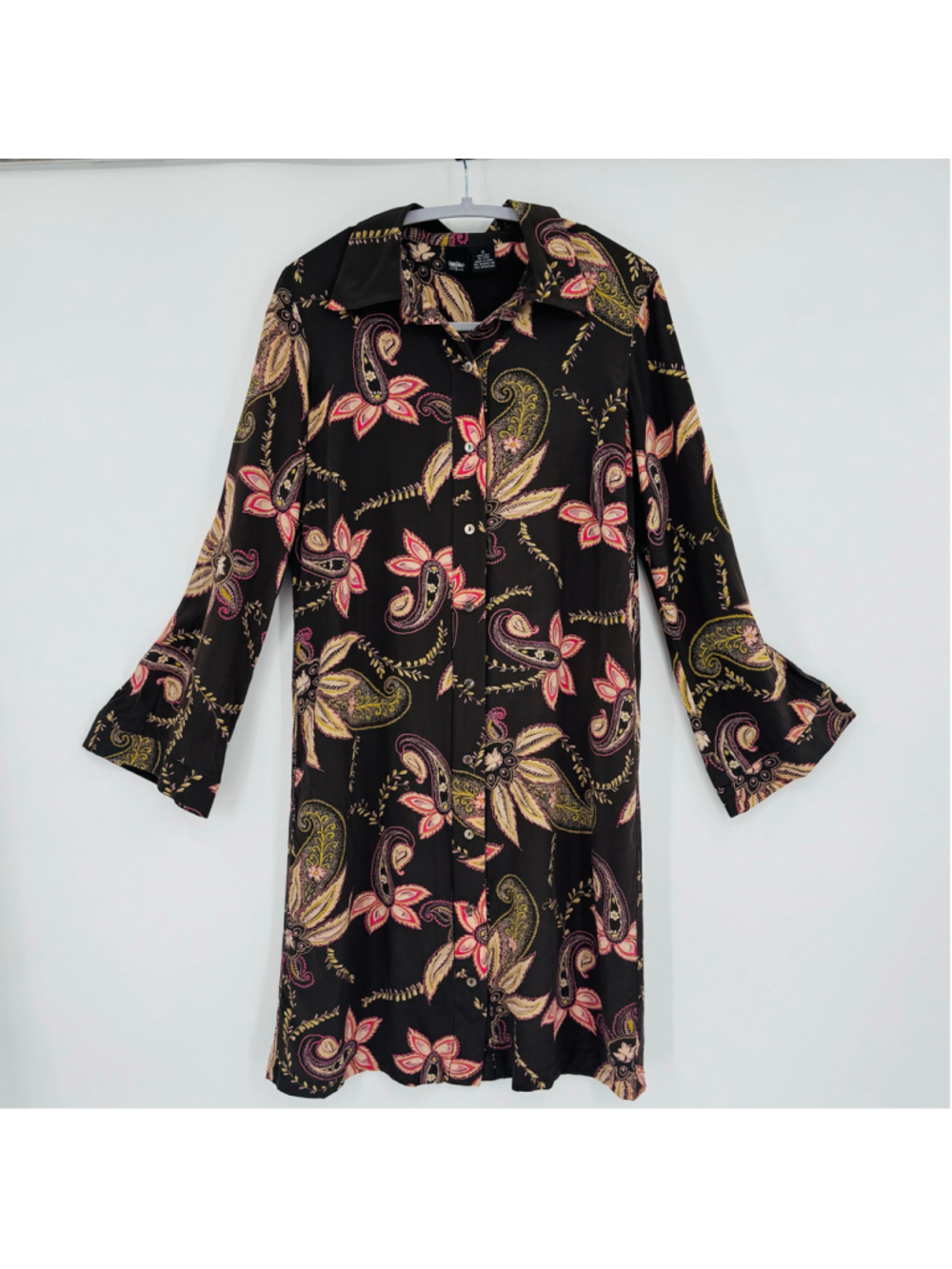 Vintage 100% Silk Shirt Dress Brown Pink Floral Paisley